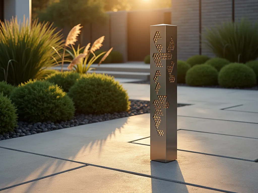 Modern Geometric Garden Post at Sunset - A sleek, tall metallic garden post with intricate geometric cutout patterns, photographed in a contemporary garden setting during golden hour. The post casts dramatic geometric shadows across a minimalist stone path. The post features a modern design with hexagonal and triangular perforations, finished in brushed steel. Clean architectural lines complement the surrounding space with ornamental grasses and geometric pruned shrubs in the background. Soft evening light filters through the cutouts creating a mesmerizing pattern on the ground.