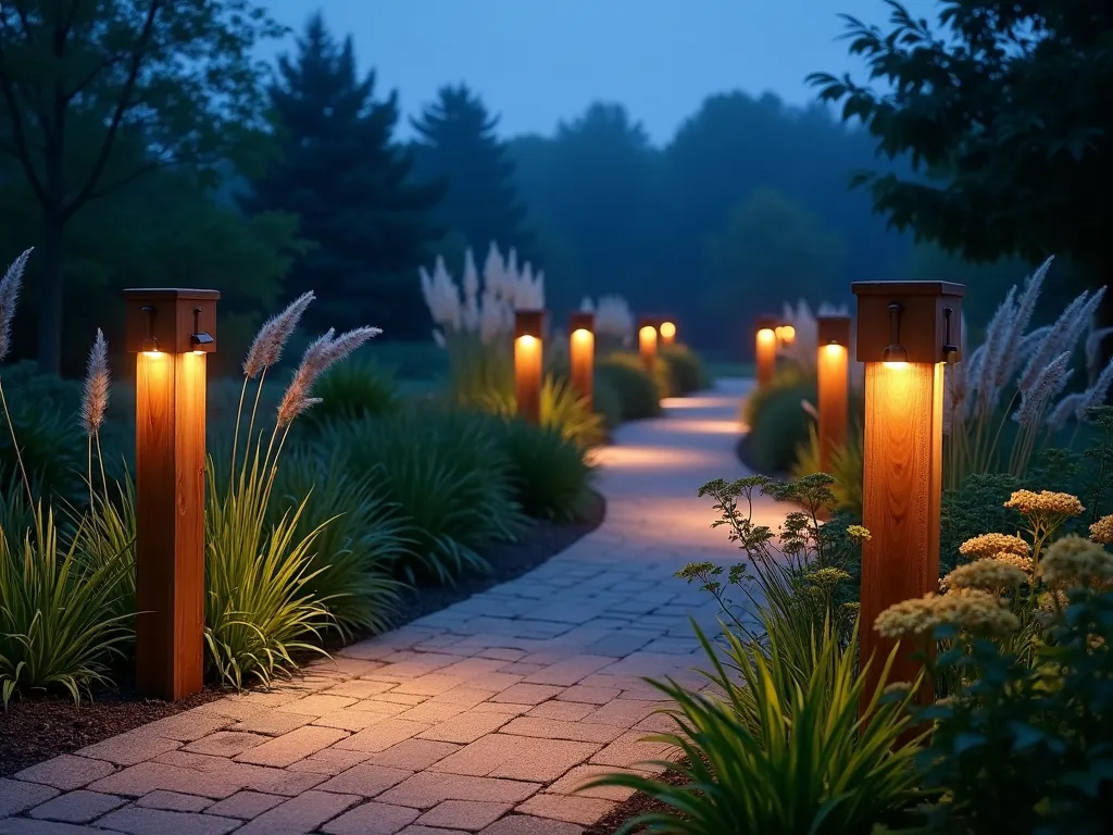 Illuminated Cedar Garden Posts at Twilight - A serene garden pathway at dusk, lined with tall, natural cedar posts featuring soft, integrated LED lighting. The posts cast a warm, gentle glow that illuminates the garden path. The lighting creates ethereal beams that highlight nearby ornamental grasses and flowering perennials. The scene is captured during the blue hour, with a misty atmosphere that makes the lights appear magical and enchanting. The cedar posts maintain their natural wood grain texture, standing approximately 6 feet tall, with subtle modern lighting fixtures seamlessly integrated into their design. The path curves gently into the distance, creating depth and leading the eye through the garden landscape.