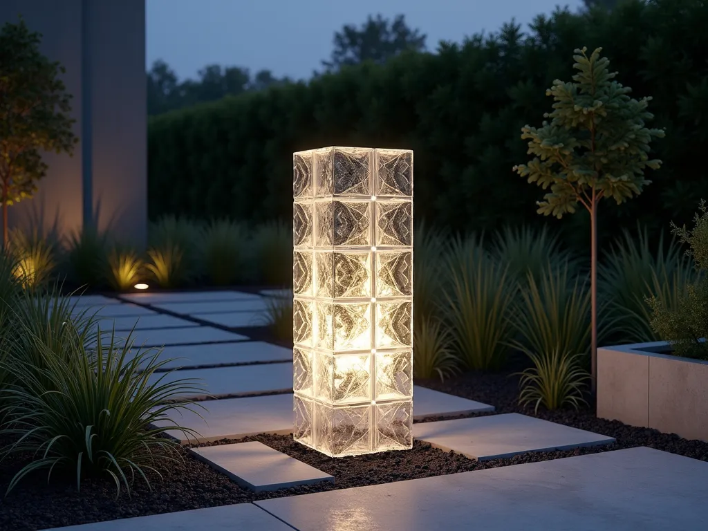 Illuminated Glass Block Garden Post - A stunning modern garden scene at dusk featuring a 6-foot tall glass block post column, softly illuminated from within with warm white LED lights. The translucent blocks create a mesmerizing pattern of light, casting geometric shadows on the surrounding garden path. Contemporary landscaping with clean lines includes ornamental grasses and architectural plants. The glass post stands as a central focal point, its crystalline structure glowing like a beacon in the twilight, while subtle ground lighting highlights nearby modern planters. Photorealistic, architectural photography style, mood lighting.