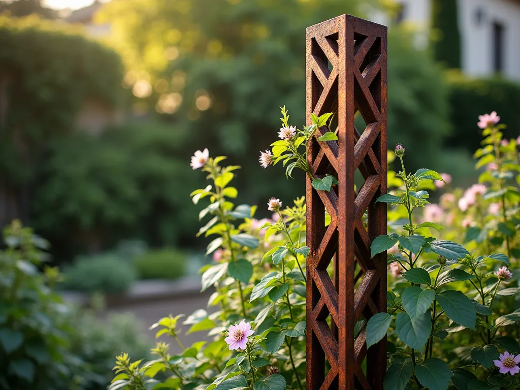 Rustic Industrial Steel Garden Post with Climbing Vines - A dramatic garden scene featuring a tall weathered steel post with a rich rust patina, surrounded by lush climbing clematis and jasmine vines. The industrial post has a modern geometric design, standing 8 feet tall against a soft-focus garden background. Natural oxidation creates beautiful orange and brown tones across the metal surface. Afternoon sunlight casts intricate shadows through the climbing plants, creating a perfect blend of industrial and natural elements. Photorealistic, high detail, artistic garden photography style.