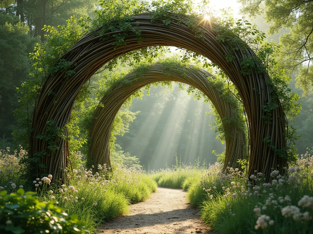 Living Willow Garden Posts - A serene garden scene featuring elegant living willow posts twisting gracefully upward, their slender branches forming natural archways and organic columns. The willow stems are sprouting fresh green leaves, creating a mystical living boundary. Soft afternoon sunlight filters through the woven willow structure, casting dappled shadows on a natural garden path below. Wild flowers and native grasses grow at the base, while the willow posts merge seamlessly with the surrounding landscape. Photorealistic, high detail, ethereal atmosphere.