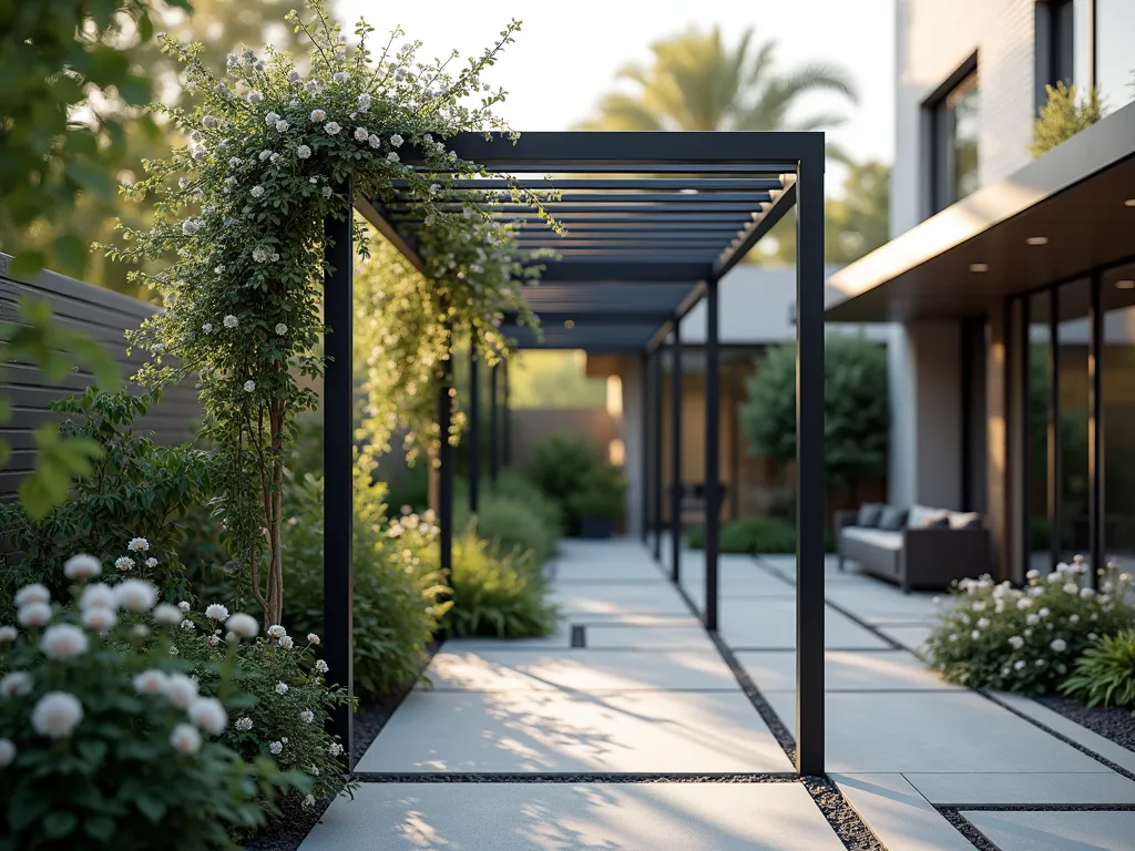 Modern Metal Post Trellis with Climbing Vines - A stunning modern garden scene featuring sleek, matte black powder-coated metal posts arranged in a geometric pattern, connected by thin horizontal stainless steel cables. The minimalist trellis system supports elegant climbing clematis and jasmine vines with delicate flowers. Soft evening lighting casts gentle shadows across a contemporary patio space. The clean lines of the metal structure contrast beautifully with the organic flow of the climbing plants, set against a blurred modern house facade in the background. Photorealistic, architectural photography style, 4K resolution.