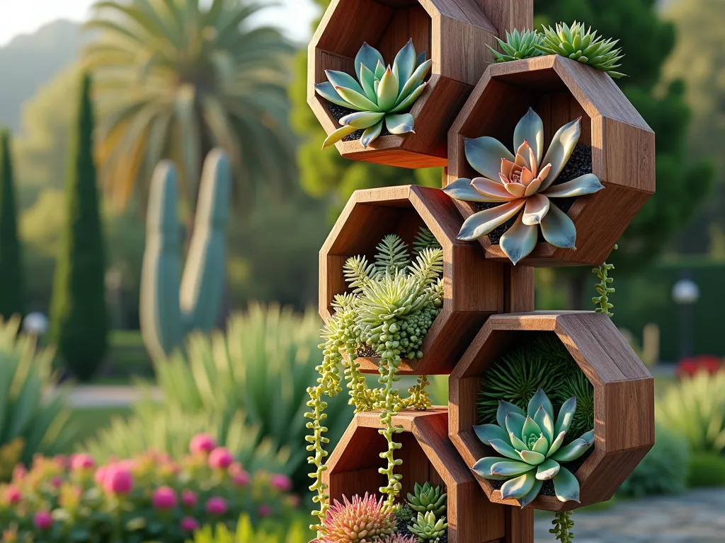 Modern Succulent Post Garden Display - A close-up view of an elegant wooden garden post with multiple built-in hexagonal shelves and pockets, showcasing a vibrant collection of colorful succulents cascading at different heights. The post features Echeveria rosettes, trailing String of Pearls, and spiky Aloe varieties arranged in a artistic vertical garden composition. Soft afternoon sunlight creates dramatic shadows, highlighting the geometric design against a blurred Mediterranean garden background. Photorealistic, 4K, architectural photography style.