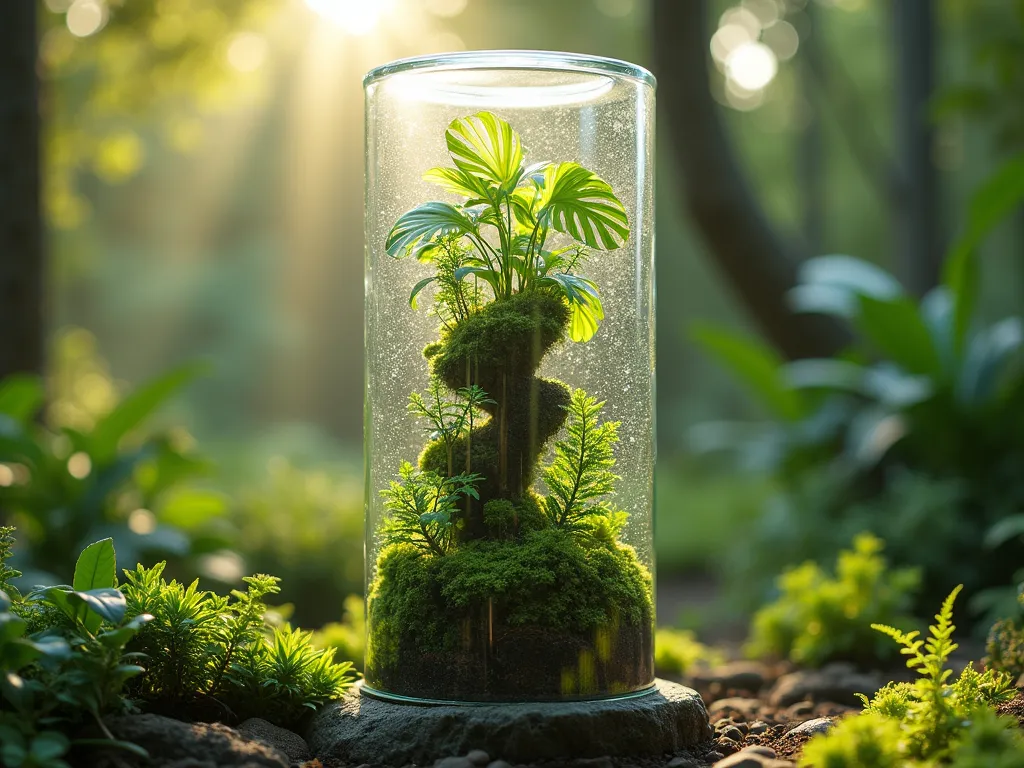 Modern Terrarium Garden Post - A stunning cylindrical clear acrylic garden post standing 6 feet tall in a lush garden setting, backlit by soft sunlight. The post contains multiple levels of miniature tropical plants, moss, and tiny ferns arranged in artistic layers. The terrarium post features built-in LED lighting highlighting the delicate ecosystem inside. Dewdrops visible on the inside surface create a magical atmosphere. Hyperrealistic, professional photography style, shallow depth of field, 8k resolution.