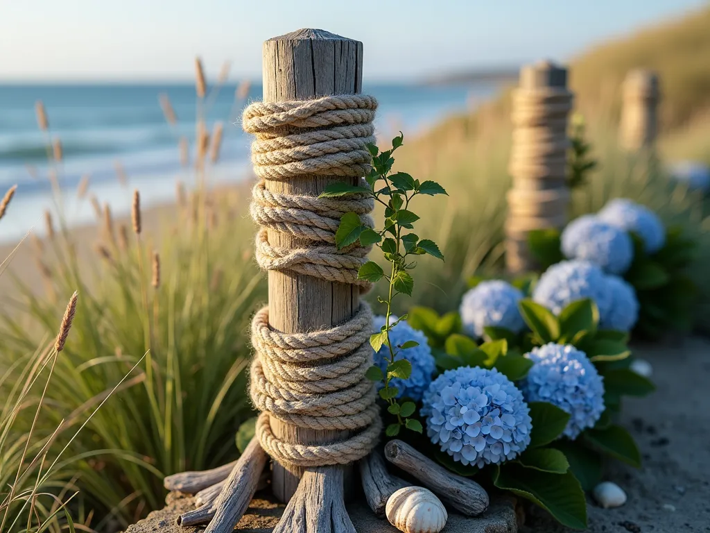 Coastal Garden Post with Nautical Rope - A stunning garden post wrapped in thick, weathered marine rope with intricate knot work, set against a backdrop of swaying coastal grasses and blue hydrangeas. The post features a natural wooden texture peeking through the rope wrapping, casting gentle shadows in warm afternoon sunlight. Beachy elements like seashells and weathered driftwood accent the base, while climbing jasmine delicately intertwines with the rope. Soft bokeh effect with ocean in the distant background. Photorealistic, architectural detail, coastal garden design.