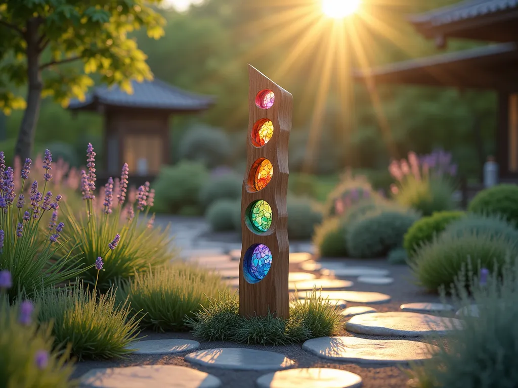 Ethereal Rainbow Glass Garden Post - A magical garden scene featuring a tall, elegant wooden post adorned with colorful stained glass panels in rainbow hues. The glass elements are artfully arranged in a spiral pattern ascending the post, casting prismatic light patterns on the surrounding zen garden. Soft sunlight filters through the glass, creating dancing rainbow reflections on a peaceful stone path below. Delicate ornamental grasses and lavender sway gently around the base, while the background shows a serene meditation space. Photorealistic, magical atmosphere, golden hour lighting, shallow depth of field.