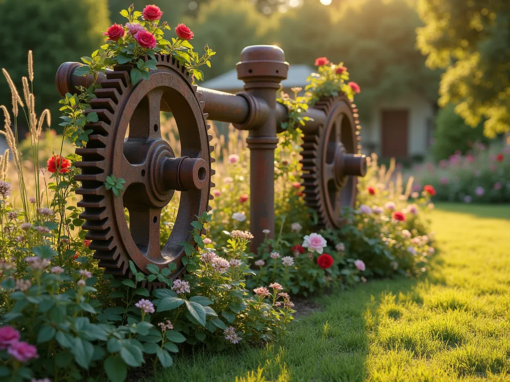 Rustic Industrial Garden Post Display - A stunning garden scene featuring repurposed vintage metal machinery parts arranged as artistic posts, including a weathered copper gear wheel and rusted industrial pipes transformed into elegant garden posts. Climbing roses and ivy gracefully wind around the metalwork, creating a harmonious blend of industrial and natural elements. Golden evening sunlight casts dramatic shadows across the weathered metal surfaces, highlighting their patina. The background shows a lush cottage garden with wildflowers and ornamental grasses, creating a beautiful contrast against the industrial elements. Photorealistic, high detail, magical atmosphere.