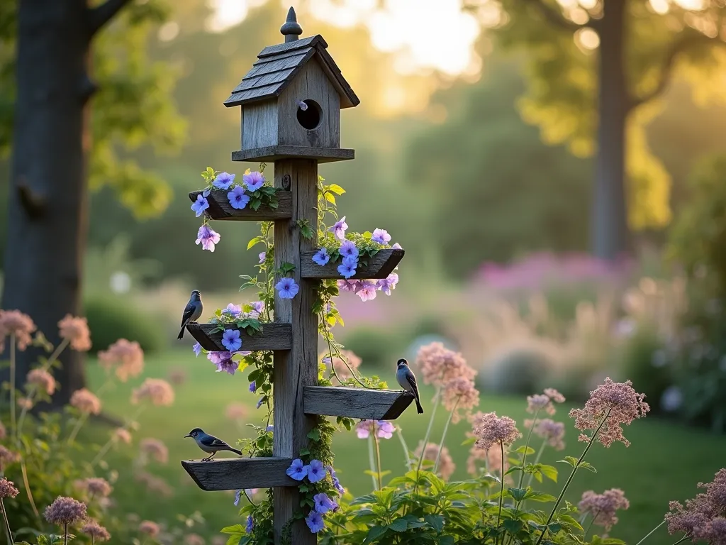 Rustic Bird Haven Garden Post - A tall, weathered wooden garden post in a cottage garden setting, featuring an artistically integrated Victorian-style birdhouse at the top. The post is wrapped with climbing morning glories in soft blues and purples. Multiple wooden feeding platforms extend from the post at different heights, where small songbirds perch. Natural light filters through nearby trees, creating a magical atmosphere. In the background, blurred cottage garden flowers and ornamental grasses sway in the breeze. The scene is photographed in a dreamy, bokeh style with warm morning light.