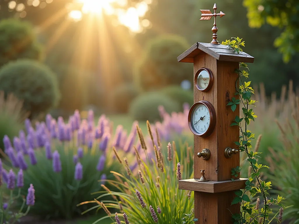 Rustic Garden Weather Station Post - A charming cedar wood garden post with copper and brass accents, featuring an elegant vintage-style weather station setup in a lush garden setting. The post displays a decorative wind vane with copper arrows at the top, a traditional glass rain gauge, and an antique-inspired round thermometer mounted on brass fixtures. Morning light filters through surrounding lavender and ornamental grasses, creating a warm, atmospheric scene. The post has delicate climbing clematis starting to wind its way up, with dewdrops glistening on the foliage. Photorealistic, cinematic lighting, soft bokeh effect in background.