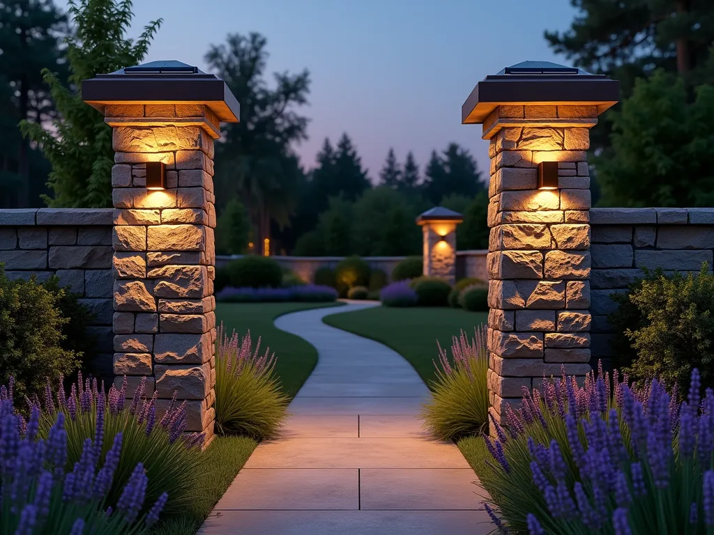 Elegant Solar Stone Garden Posts at Dusk - A stunning twilight scene of an elegant garden entrance featuring two majestic natural stone posts with decorative solar-powered caps emitting a warm, golden glow. The 6-foot tall posts frame a curved garden pathway lined with lavender and ornamental grasses. The posts are made of stacked granite with a rustic yet refined finish, while the contemporary solar caps feature a bronze finish that complements the stonework. Soft lighting creates enchanting shadows on the surrounding landscape, photorealistic, cinematic lighting, architectural photography style