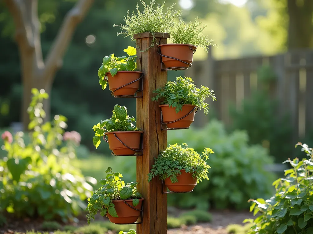 Spiral Herb Garden Post - A stunning wooden garden post with an elegant spiral planter wrapping around it, photographed in soft natural sunlight. The spiral structure features multiple tiers of herbs cascading downward, with Mediterranean herbs like rosemary and thyme at the top, and leafy basil and parsley at lower levels. The post stands 6 feet tall, made from weathered cedar wood, with copper-toned spiral brackets supporting terracotta-colored planters. The herbs are lush and vibrant, creating a living green helix pattern. A soft bokeh background shows a cottage garden setting, with the spiral post as the focal point. Photorealistic, 4K, detailed textures.