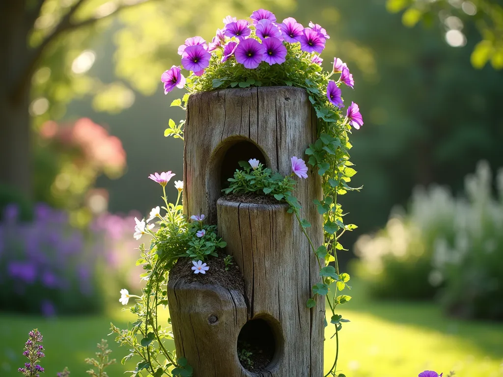 Vertical Garden Post with Cascading Flowers - A rustic wooden post, 6 feet tall, transformed into a vertical garden, photographed in a sunlit garden. The hollow post features multiple planting pockets filled with vibrant purple petunias, white alyssum, and trailing ivy cascading down its sides. The post is weathered cedar with a natural patina, surrounded by soft bokeh effect. Small herbs like thyme and sage peek out from side openings. Artistic garden photography, soft natural lighting, high detail, 4K quality