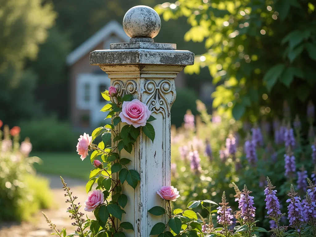 Vintage Architectural Post Garden Feature - A rustic garden scene featuring a weathered, ornate Victorian-era porch post with detailed scrollwork and corbels, repurposed as a garden focal point. The post maintains its original white paint with an authentic distressed patina showing aged wood beneath. Climbing roses in soft pink wind gracefully around the post, while cottage garden flowers like lavender and salvias bloom at its base. Natural sunlight filters through nearby trees, casting dappled shadows across the weathered post surface, creating a romantic, nostalgic atmosphere. Photorealistic, soft afternoon lighting, shallow depth of field.