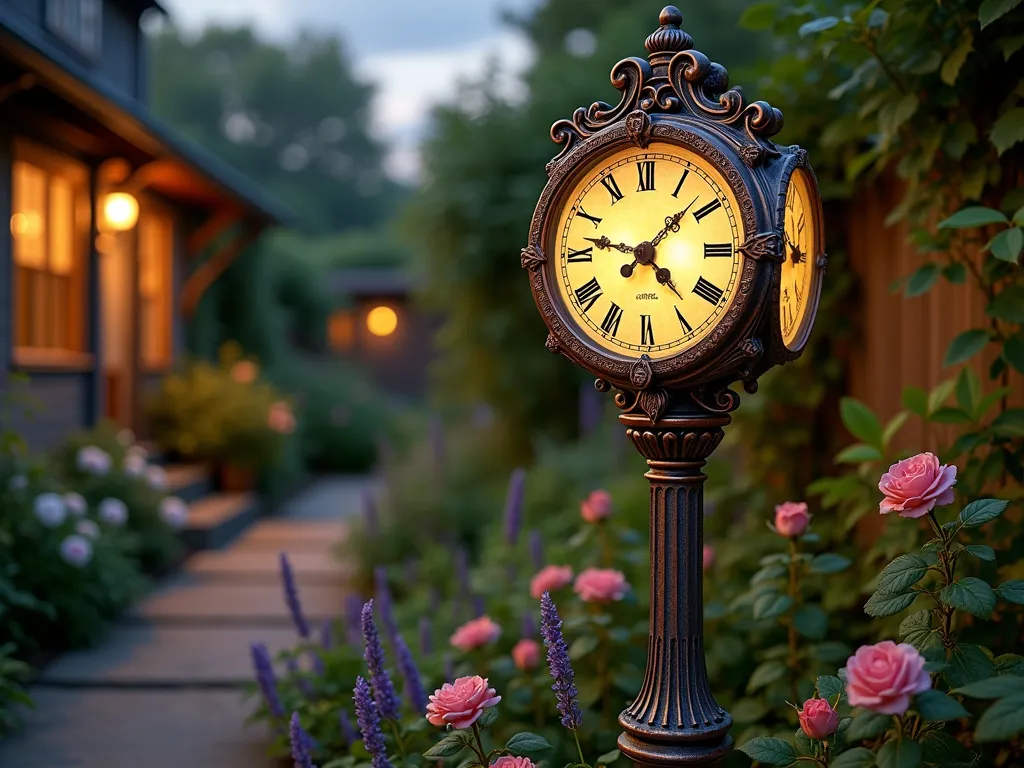 Vintage Solar Clock Garden Post - A charming garden post with an ornate Victorian-style clock face, illuminated by solar lights at dusk. The 7-foot tall weathered copper post features decorative scrollwork and a large antique-style clock face with Roman numerals. Surrounded by a cottage garden with climbing roses and lavender, casting elegant shadows. Warm evening lighting, photorealistic, detailed metalwork, soft bokeh background.