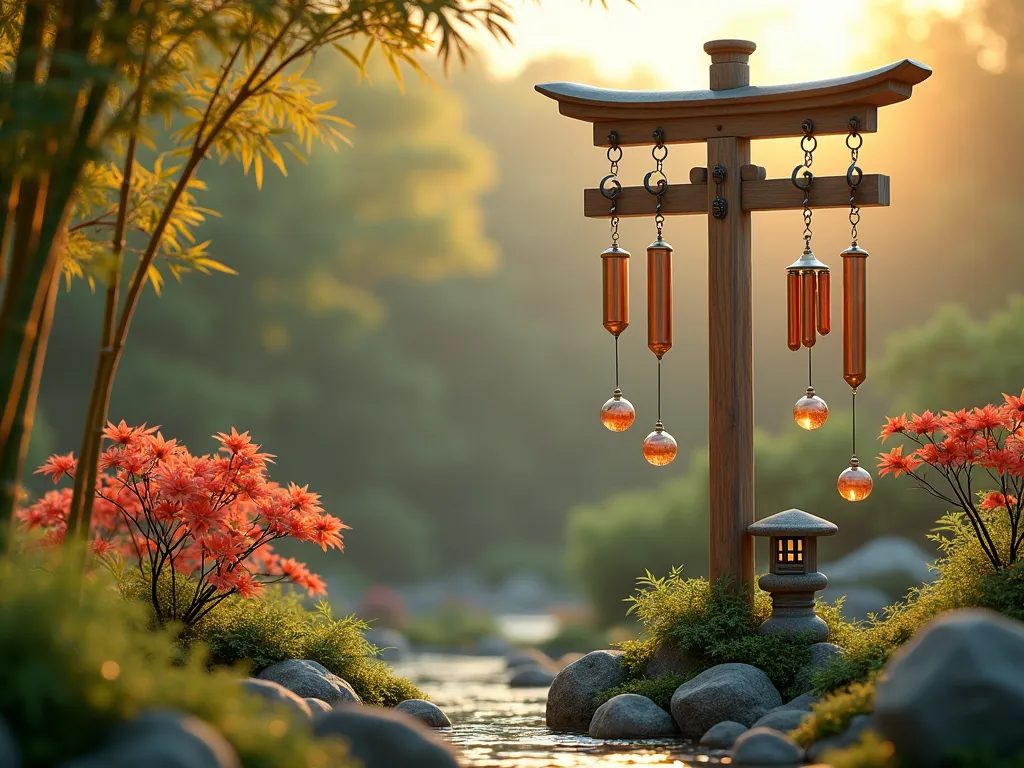 Zen Garden Wind Chime Post - A serene Japanese-inspired garden scene with a tall, elegant wooden post featuring multiple copper and brass wind chimes hanging at different heights. The post is weathered teak with ornate metal hooks, surrounded by flowing ornamental grasses and flowering Japanese maples. Soft evening light filters through the scene, creating a dreamy atmosphere. Several delicate glass and metal wind chimes catch the golden light, while bamboo stems sway gently in the background. A small stone lantern sits at the base, with moss and small ferns growing around it. Photorealistic, high detail, peaceful atmosphere.