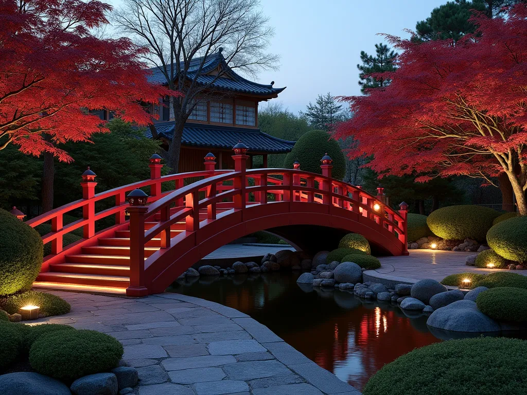 Curved Asian Garden Bridge Ramp at Twilight - A stunning curved garden ramp bridge in traditional Asian style, photographed at twilight from a wide angle. The elegantly arched ramp features rich red-stained timber railings and decorative posts. A traditional moon gate anchors one end, while stone lanterns cast a warm glow along the pathway. Japanese maple trees with delicate red foliage frame the scene, complemented by meticulously cloud-pruned niwaki shrubs. The ramp gracefully spans over a small meditation garden with carefully placed rocks and moss. Soft landscape lighting illuminates the structure, creating dramatic shadows and reflections in a nearby koi pond. The scene captures the perfect balance of functionality and zen aesthetics in a residential garden setting.