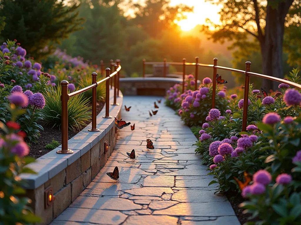 Enchanting Butterfly Garden Ramp at Dusk - A gently sloping garden ramp photographed during golden hour, featuring a meandering pathway adorned with butterfly motifs in textured, non-slip natural stone. The ramp is flanked by lush gardens of purple butterfly bush, pink echinacea, and vibrant lantana in full bloom. Ornate copper nectar feeding stations are artfully integrated along the rails, while a cozy wooden observation bench nestles into a curved alcove. Soft landscape lighting illuminates the path, casting a warm glow on the dancing butterflies. Shot with a wide-angle lens to capture the entire ramp's sweeping curve, with the setting sun creating magical backlit silhouettes of Monarch and Swallowtail butterflies hovering over the flowers. Professional DSLR photography with perfect depth of field shows intricate details of both the architectural elements and natural beauty.