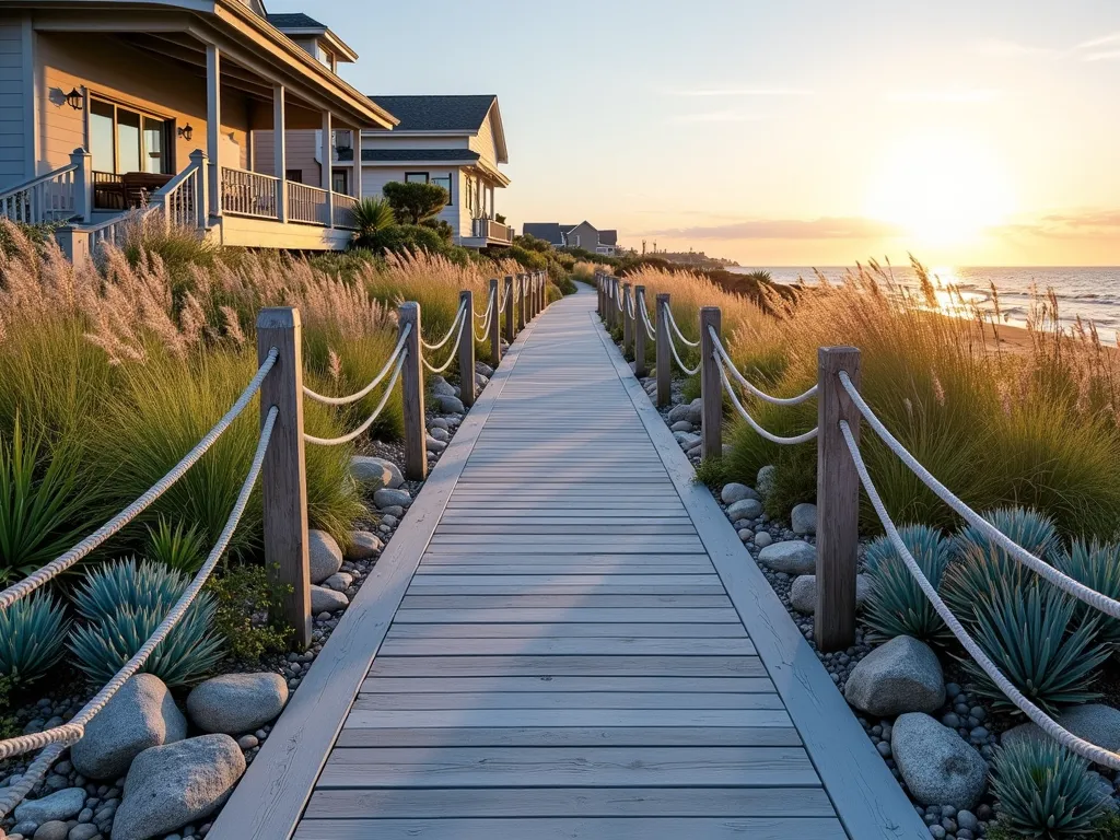 Coastal Boardwalk Garden Ramp at Sunset - A stunning DSLR wide-angle shot of a gently sloping coastal-inspired garden ramp at golden hour. The weathered gray and soft blue composite decking creates a sophisticated boardwalk aesthetic, complemented by nautical-style white rope railings. Wispy sea oats and coastal ornamental grasses sway gently along both sides of the ramp, while clusters of blue-green succulents add texture and coastal charm. Natural beach pebbles and weathered driftwood pieces accent the borders. The ramp leads to an elevated deck area, with the setting sun casting warm, golden light across the scene, creating dramatic shadows and highlighting the architectural details. The composition captures the essence of a luxury beachfront property with the ramp seamlessly integrating into the coastal landscape design.