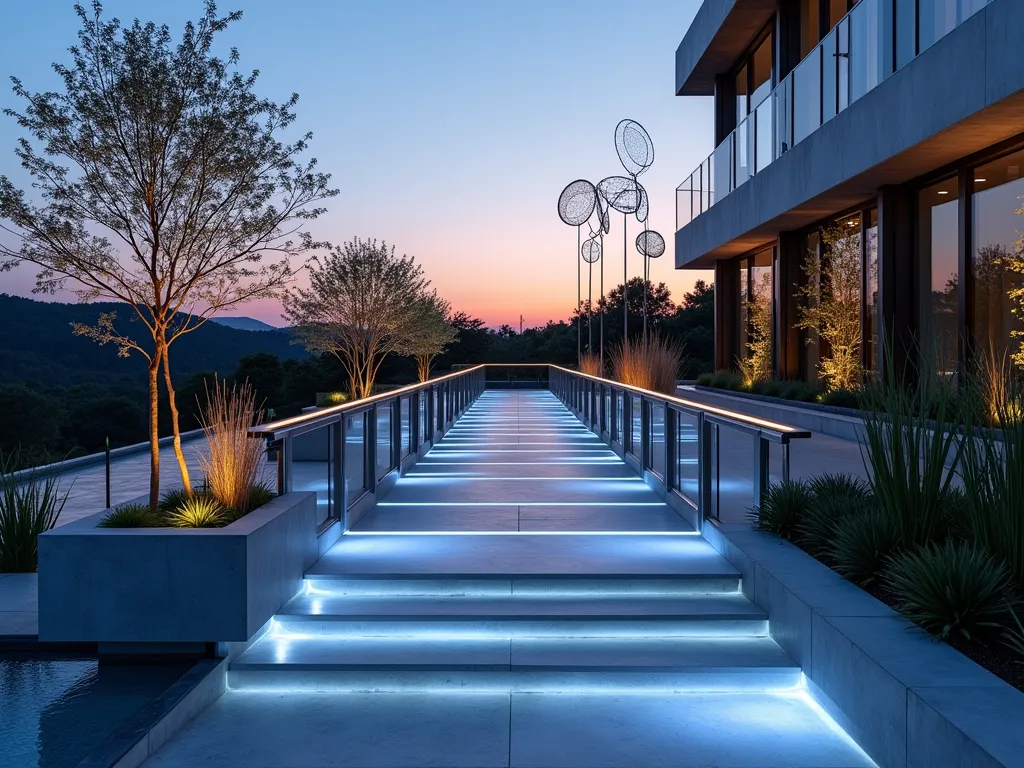 Modern Garden Ramp Gallery at Twilight - A stunning twilight photograph of a contemporary garden ramp with polished concrete and brushed steel railings, shot at f/2.8 with a 16-35mm wide-angle lens. The gently sloping ramp features embedded LED light strips that cast a soft blue glow, weaving between sleek metal sculptures and modern art installations. Minimalist glass panels along the sides display changing light projections, while floating metal mobiles catch the last rays of sunset. The ramp is flanked by architectural ornamental grasses and geometric bamboo planters, creating dynamic shadows on the smooth concrete surface. In the background, a subtle water feature reflects the artistic lighting, photographed from a low angle to emphasize the ramp's dramatic design elements.