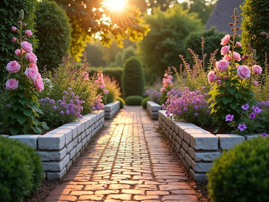 Charming Cottage Brick Ramp with Flowering Borders - A golden evening sun illuminates a charming garden ramp crafted in herringbone-patterned red brick, viewed at a 45-degree angle. The gently sloping ramp is flanked by built-in whitewashed brick planters overflowing with pink climbing roses and purple clematis. Cottage garden flowers in soft pastels, including foxgloves, delphiniums, and lavender, create a romantic border along both sides. Climbing vines gracefully cascade over the planters, while the textured brick surface provides both visual interest and practical functionality. The scene is completed with dappled sunlight filtering through nearby trees, creating a warm, inviting pathway in a traditional English cottage garden setting.