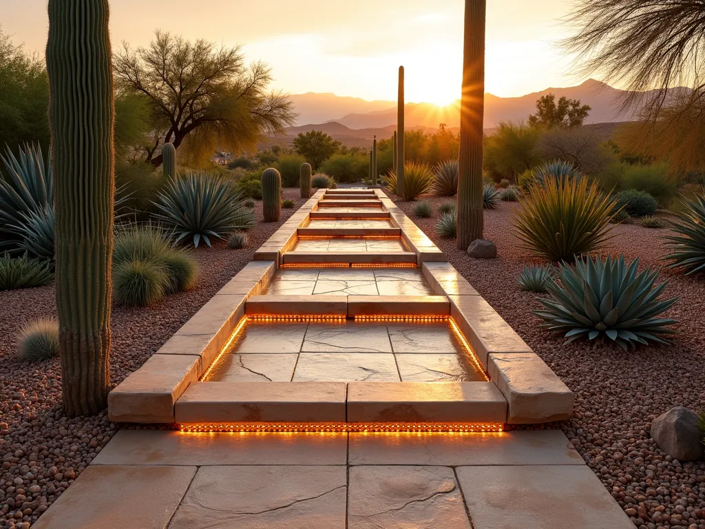 Modern Desert Garden Ramp with Integrated Water Management - A stunning wide-angle DSLR photograph of a modern garden ramp at golden hour, captured with perfect depth of field. The architectural ramp features warm-toned stamped concrete that seamlessly blends with the natural desert landscape. The concrete is textured to mimic local sandstone, with subtle earth-toned variations. Along both sides, dramatic arrangements of tall Barrel cacti, Blue Agave, and Golden Barrel cacti create bold architectural statements. Built-in water channels with copper-toned metal grating run parallel to the ramp, leading to thoughtfully placed catchment basins surrounded by Desert Spoon plants and Red Yucca. The ramp gently curves upward, its modern lines enhanced by integrated LED strip lighting. The background showcases distant mountains bathed in warm sunset light, while desert pebbles and crushed granite provide elegant ground cover. The composition captures both the functionality and artistic design of the xeriscape installation.