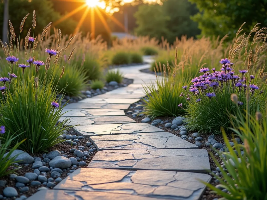 Eco-Friendly Rain Garden Ramp at Sunset - A wide-angle photograph of a gently sloping garden ramp at golden hour, featuring a permeable stone pathway bordered by lush rain gardens. The natural-looking ramp curves gracefully through the landscape, with river rocks and native grasses creating subtle drainage channels. Purple coneflowers, black-eyed susans, and swaying ornamental grasses frame the edges, while Japanese iris and rushes thrive in the lower basin areas. Soft evening light casts long shadows across the textured pathway surface, highlighting the sustainable integration of accessibility and water management. The ramp's permeable pavers allow rainwater to seep through, while strategically placed rain gardens with moisture-loving plants capture and filter runoff. Shot with a DSLR camera using a wide-angle lens at f/8, perfectly capturing the depth and environmental harmony of this innovative garden feature.