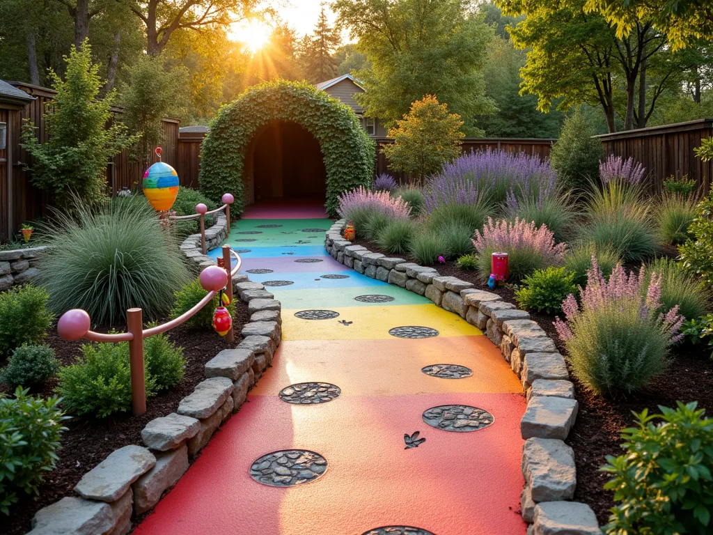 Educational Adventure Garden Ramp for Kids - A DSLR wide-angle shot of a whimsical garden ramp designed for children, captured during golden hour. The gently sloping ramp features vibrant rubber safety surfacing in rainbow colors, with embedded dinosaur footprints and fossil imprints that children can discover. Along both sides, sensory gardens flourish with lamb's ear, lavender, and ornamental grasses that children can touch. A tunnel covered in climbing jasmine creates a magical passageway midway through the ramp. Interactive elements include spinning butterfly panels and musical chimes. The ramp is bordered by child-safe plants and includes handrails decorated with colorful mosaic tiles. Natural stone retaining walls integrate the ramp seamlessly into the backyard landscape, while safety lighting illuminates the path. The scene is photographed at f/8 for optimal depth of field, capturing both detailed textures and the overall playful atmosphere.