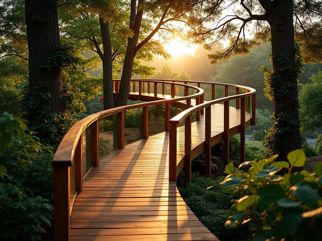 Forest Canopy Ramp at Twilight - A stunning photographic capture of an elevated wooden garden ramp winding gracefully through mature tree canopies, shot during golden hour twilight. The sustainable timber walkway, featuring natural cedar planks and glass safety railings, gently curves upward through a lush garden landscape. Dramatic lighting filters through the dense foliage above, creating dappled shadows on the ramp's surface. A circular viewing platform extends outward, surrounded by Japanese maple and pine branches. Shot with a wide-angle lens at f/2.8, capturing the ramp's gentle ascent from ground level to 15 feet high, with soft bokeh effect on the background foliage. Strategic architectural lighting illuminates the path, while string lights wrapped around tree trunks create a magical ambiance. Native ferns and woodland plants flourish beneath the structure, while climbing hydrangea begins to embrace the support posts.