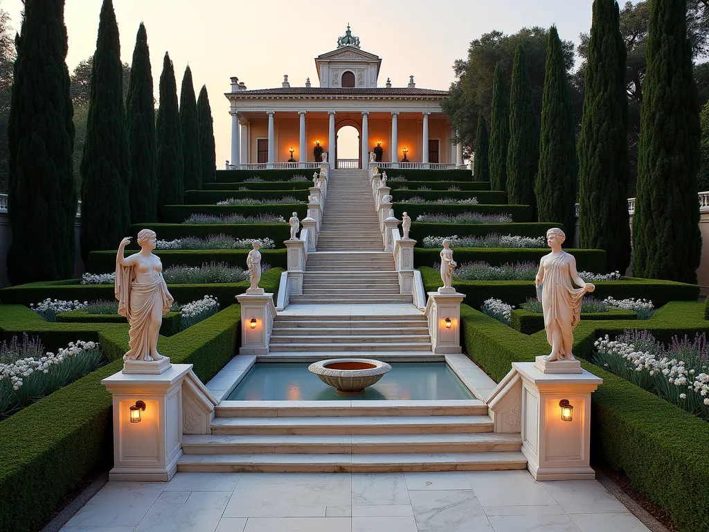 Elegant Italian Garden Ramp at Dusk - A stunning wide-angle photograph of a formal Italian garden ramp at dusk, shot with a 16-35mm lens at f/2.8, ISO 400. The majestic travertine ramp gracefully ascends through symmetrical terraced gardens, bordered by perfectly trimmed boxwood hedges. Classical marble statues of Roman deities stand sentinel along the path, their forms softly illuminated by traditional copper lanterns. Tiered fountains cascade down both sides of the ramp, creating a mesmerizing play of water and light. Formal beds filled with white roses and lavender create geometric patterns, while Italian cypress trees stand tall in perfect alignment. Warm evening light casts long shadows across the pristine marble balustrades, highlighting the intricate architectural details and creating a romantic Mediterranean atmosphere. The ramp leads to an elevated classical pavilion, framed by ancient olive trees and climbing wisteria.