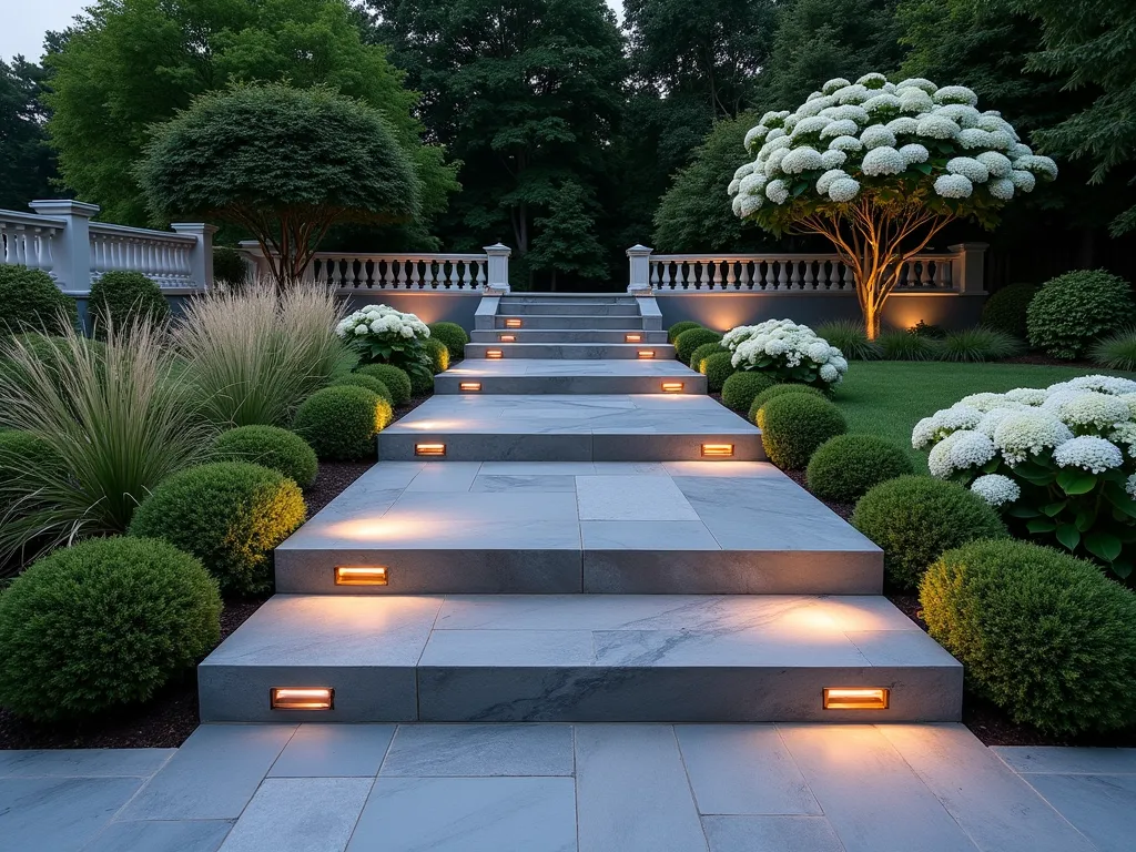 Illuminated Granite Garden Ramp at Dusk - A sophisticated garden path featuring a gently sloping granite slab ramp, photographed at dusk from a medium-wide angle. The ramp is constructed from three large, perfectly fitted gray granite slabs with subtle natural veining, ascending elegantly through a manicured garden space. Strategic uplighting along the sides casts a warm, inviting glow that highlights the stone's natural texture and creates dramatic shadows. The ramp is flanked by neat rows of low-growing Buxus shrubs and white-flowering Hydrangea paniculata, with ornamental grasses softening the edges. Modern copper path lights are discreetly positioned along the borders, while mature Japanese maple trees in the background add architectural interest. The ramp leads to a raised garden terrace with classic stone balustrades, creating a timeless and formal garden aesthetic.