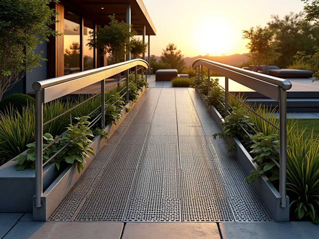 Modern Industrial Garden Ramp with Climbing Vines - A sleek industrial garden ramp photographed during golden hour, made of galvanized steel mesh with an architectural grade finish. The ramp gracefully ascends through a contemporary garden space, featuring a 30-degree incline with modern stainless steel handrails. Delicate jasmine and ivy vines weave through the mesh pattern, creating an organic contrast against the industrial material. Shot with a wide-angle perspective showcasing the entire 8-foot span, capturing how natural light filters through the perforated surface creating intricate shadow patterns on the ground. The surrounding landscape features minimalist concrete planters and architectural grasses, while the background shows a modern deck integration. The mesh pattern's detailed texture is highlighted by the warm sunset lighting, emphasizing its practical yet aesthetic appeal. High-end photorealistic rendering, 16-35mm lens, f/2.8, ISO 400, atmospheric depth.