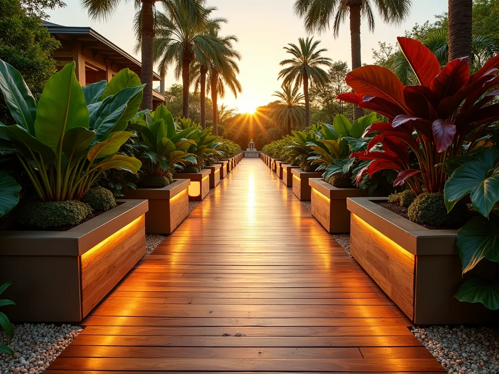 Luxury Tropical Hardwood Garden Ramp - A stunning wide-angle shot of a luxurious tropical hardwood boardwalk ramp at golden hour, featuring rich golden-brown ipe decking spanning 6 feet wide. The gently sloping ramp is flanked by built-in teak benches and large ceramic planters filled with towering bird of paradise plants and dramatic red cordylines. Lush monstera deliciosa and tropical ferns spill over the edges, creating a resort-like atmosphere. Natural brass LED lighting is integrated into the ramp's sleek handrails, casting a warm glow on the pristine hardwood surface. Palm trees frame the scene in the background, while crushed shell pathways branch off to hidden garden spaces. Photographed with a DSLR camera, wide-angle lens, f/8, ISO 100, capturing the interplay of sunset light on the premium hardwood grain.