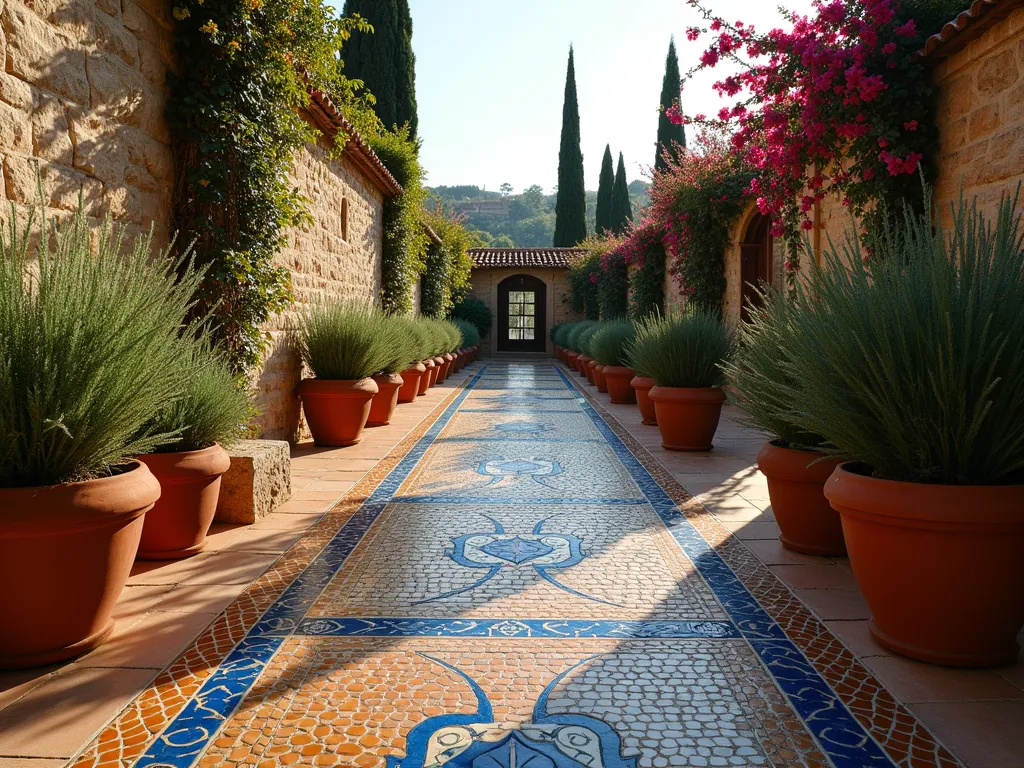 Mediterranean Mosaic Garden Ramp at Sunset - A gently sloping garden ramp adorned with intricate blue, terracotta, and gold Mediterranean mosaic tiles, photographed during golden hour. The handcrafted mosaic pattern features geometric designs and flowing curves, with non-slip tiles providing both beauty and functionality. Terracotta pots of varying sizes line both sides of the ramp, overflowing with fragrant lavender and tall rosemary bushes. Soft evening light casts long shadows across the detailed tilework, while climbing bougainvillea on nearby walls adds splashes of vibrant pink. The wide-angle composition showcases the ramp leading to an intimate courtyard space, with weathered stone walls and a distant view of cypress trees completing the Mediterranean atmosphere.