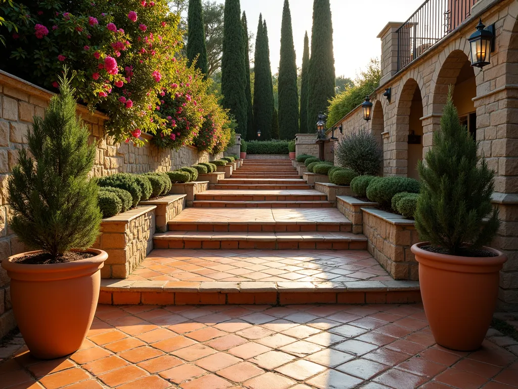 Mediterranean Terracotta Garden Ramp - A DSLR wide-angle photo of an elegant Mediterranean-style garden ramp at golden hour, featuring warm terracotta tiles arranged in a classic herringbone pattern. The gently sloping ramp is bordered by tall terracotta planters containing fragrant rosemary, lavender, and dwarf lemon trees. Soft evening light casts long shadows across the textured tiles, while Mediterranean cypress trees in the background create a sense of depth. The ramp curves gracefully through the garden, with weathered stone walls covered in cascading bougainvillea. Ornate wrought iron railings add authentic Mediterranean charm, while strategically placed copper lanterns prepare to illuminate the path as dusk approaches. The scene captures both functionality and the romantic essence of Mediterranean garden design, shot at f/8 for perfect detail in both foreground tiles and background foliage.