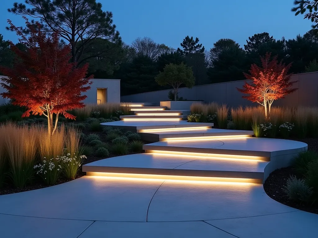 Modern Concrete Ribbon Garden Ramp at Twilight - Stunning architectural photograph of a sleek, curved concrete garden ramp illuminated by embedded LED strips at twilight. The minimalist ribbon-like pathway, shot at f/2.8 with a 16-35mm wide-angle lens, gracefully winds through a contemporary garden landscape. The smooth, light gray concrete surface reflects the deep blue twilight sky, while warm white LED lighting creates a dramatic glow along both edges of the ramp. Modern geometric planters with architectural grasses frame the pathway, while strategic uplighting highlights sculptural Japanese maple trees. The composition captures the ramp's gentle gradient and flowing curves from a low angle, emphasizing its floating appearance and clean lines against a backdrop of modern landscaping.