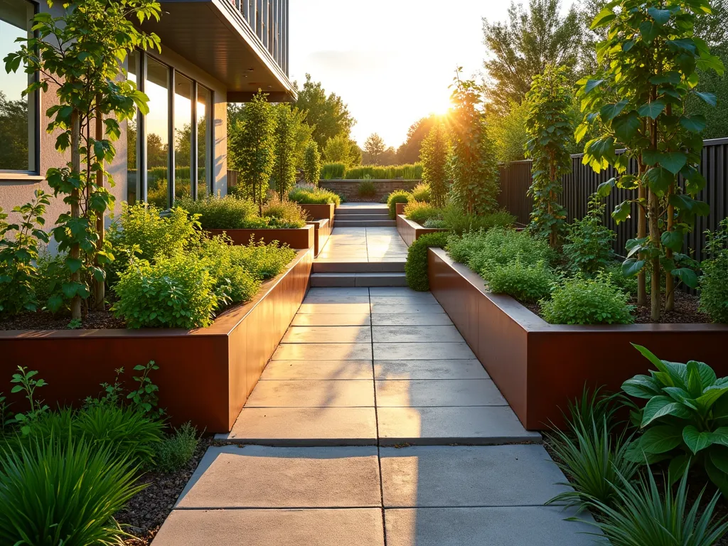 Modern Edible Garden Ramp - Wide-angle shot of a contemporary garden ramp at golden hour, featuring raised Corten steel beds cascading alongside a smooth concrete accessibility ramp. The beds overflow with Mediterranean herbs, leafy vegetables, and climbing tomatoes on sleek metal trellises. Professional landscaping photography showcases integrated drip irrigation systems discreetly weaving through the beds. The ramp's permeable pavers create an elegant pattern, while vertical garden towers maximize growing space. Soft evening light casts long shadows across the sustainable design, highlighting the texture of fresh herbs and the architectural elements of the space. Shot with a 16-35mm lens at f/2.8, ISO 400, capturing the harmonious blend of functionality and productive gardening.