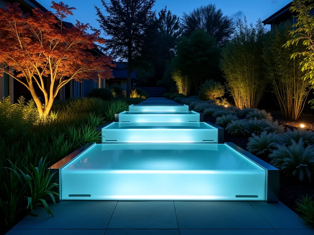 Modern Glass Garden Ramp at Twilight - A stunning architectural photograph of a modern floating glass panel ramp in a contemporary garden setting at twilight. The 8-foot-wide ramp features frosted, reinforced glass panels with subtle non-slip textures, gently ascending through a lush garden landscape. Dramatic LED underlighting creates an ethereal blue-white glow beneath the translucent surface, casting gentle illumination onto ornamental grasses and ferns below. The ramp appears to float weightlessly between sleek stainless steel supports, while maintaining clear sight lines through the garden. Japanese maples and bamboo frame the scene, their silhouettes dramatic against the dusky sky. Shot from a low angle to emphasize the ramp's floating appearance, with the glass panels leading viewer's eye through the composition. Professional architectural lighting highlights the ramp's modern materials while creating ambient garden illumination. Ultra-high resolution capture emphasizes the interplay of light, glass, and garden elements.