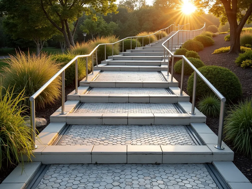 Modern Geometric Garden Ramp with Tessellated Tiles - A stunning garden ramp with intricate hexagonal weather-resistant tiles in a mesmerizing geometric pattern, photographed during golden hour. The contemporary design features alternating light grey and charcoal tiles creating a sophisticated 3D effect, with sleek stainless steel handrails reflecting the warm sunlight. Built-in linear drainage channels seamlessly integrated within the pattern's lines. The ramp gracefully ascends through a manicured garden, flanked by ornamental grasses and Japanese forest grass, creating a harmonious blend of modern architecture and natural elements. Shot with a wide-angle lens capturing both the detailed tile work and the surrounding landscape, with soft shadows emphasizing the geometric patterns.