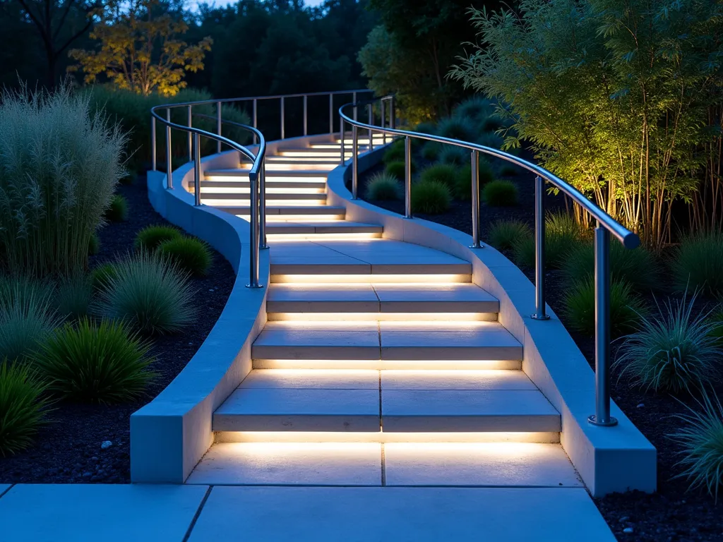 Modern Solar-Lit Garden Ramp at Twilight - A sleek, modern garden ramp photographed during blue hour, featuring embedded solar-powered LED light panels that emit a soft, ethereal blue-white glow. The minimalist concrete ramp gracefully curves through a contemporary garden landscape, with clean lines and brushed metal handrails. The ramp's illuminated surface creates a stunning reflection on nearby ornamental grasses and Japanese maples. Shot with a wide-angle perspective at 16mm, f/2.8, capturing the transition between day and night, with ambient garden lighting creating depth and atmosphere. The ramp's gentle gradient is accented by geometric planting beds containing low-growing sedums and architectural bamboo, creating a harmonious blend of form and function.