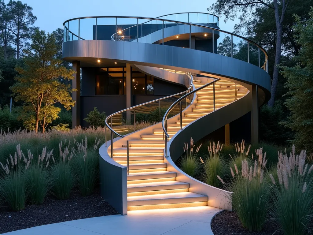 Modern Spiral Garden Ramp - A stunning architectural photograph of a contemporary spiral garden ramp at dusk, crafted from sleek powder-coated aluminum in metallic silver. The ramp gracefully curves upward through a modern landscape garden, its clean lines illuminated by subtle LED strip lighting integrated into the handrails. The structure weaves between raised garden beds filled with ornamental grasses and Japanese forest grass, creating a harmonious blend of form and function. The wide-angle composition captures the entire spiral from a slightly elevated perspective, showing how it connects multiple garden levels. Soft evening light casts long shadows across the brushed metal surface, while architectural spotlights highlight the ramp's sculptural qualities. The minimalist design features glass panel barriers that maintain transparency and reflect the surrounding greenery. Shot with natural and artificial lighting to emphasize the metallic finish and architectural details.