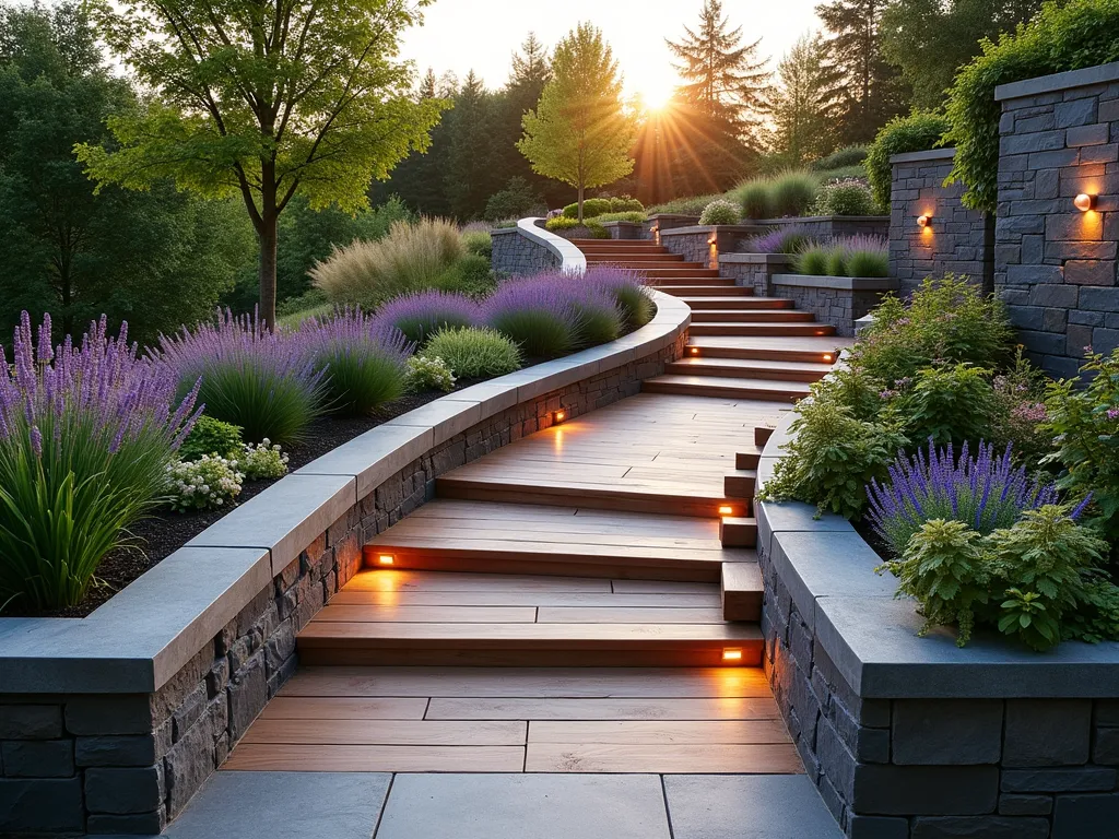 Modern Terraced Garden Ramp at Sunset - A stunning terraced garden photographed at golden hour, featuring a gently winding wheelchair-accessible ramp in natural cedar wood that zigzags between three distinct garden levels. The contemporary design showcases lavender and ornamental grasses on the highest terrace, flowering perennials like echinacea and salvia in the middle, and shade-loving hostas and ferns on the lowest level. Each terrace is supported by modern grey stone retaining walls with integrated LED lighting. Small seating areas with modern benches are positioned at each turn of the ramp, surrounded by sculptural planters. Shot with a wide-angle lens to capture the flowing lines and vertical dimension, with soft sunset light casting long shadows across the terraces. The ramp's handrails feature subtle copper accents that catch the evening light.