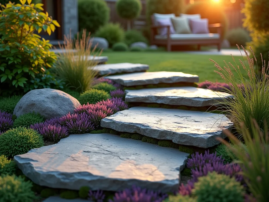 Cascading Natural Stone Garden Ramp with Creeping Thyme - A serene dusk scene of a gently cascading garden ramp made from irregular natural stone slabs, photographed at a 45-degree angle. The weathered granite stones are artfully arranged in an overlapping pattern, creating a floating effect through a lush garden setting. Soft purple creeping thyme and emerald moss spill organically between the stone joints, softening the edges. Golden hour sunlight casts long shadows across the textured stone surfaces, while ornamental grasses and Japanese maples frame the sides. The ramp curves slightly, leading the eye through the composition to a cozy seating area in the background. Dewdrops on the thyme catch the warm light, creating subtle sparkles throughout the scene. Shot with shallow depth of field to emphasize the natural stone texture and delicate plant details.