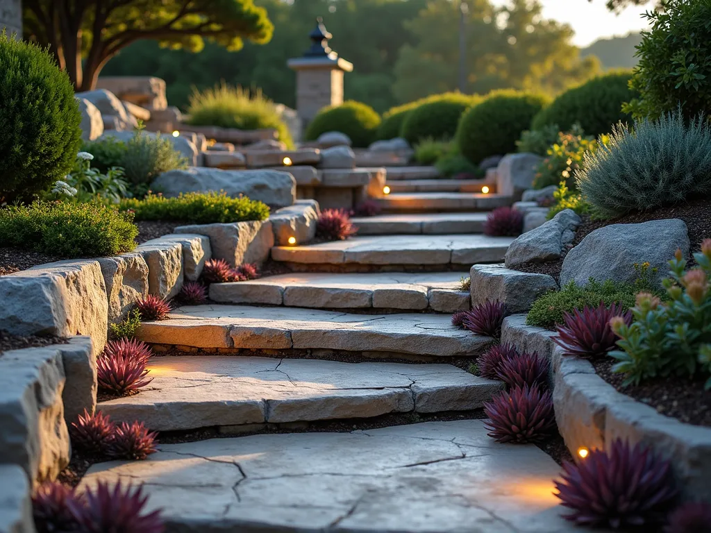 Natural Stone Ramp with Alpine Garden - A beautifully designed garden ramp at dusk, photographed with a wide-angle lens, featuring weathered natural stone steps gently ascending through a meticulously crafted rock garden. The ramp curves gracefully, bordered by clusters of vibrant alpine plants and compact succulents nestled in rocky pockets. A small cascading water feature trickles alongside the ramp, creating peaceful ambient sounds. Golden evening light casts long shadows across the textured stones, while integrated LED path lighting subtly illuminates the way. Small patches of Sempervivum, Sedum, and Saxifraga spill over the edges, adding splashes of burgundy, silver, and green. The composition captures both the functionality of the ramp and the artistic beauty of the rock garden design, shot at f/2.8 to create a dreamy background blur while maintaining sharp detail in the foreground elements.