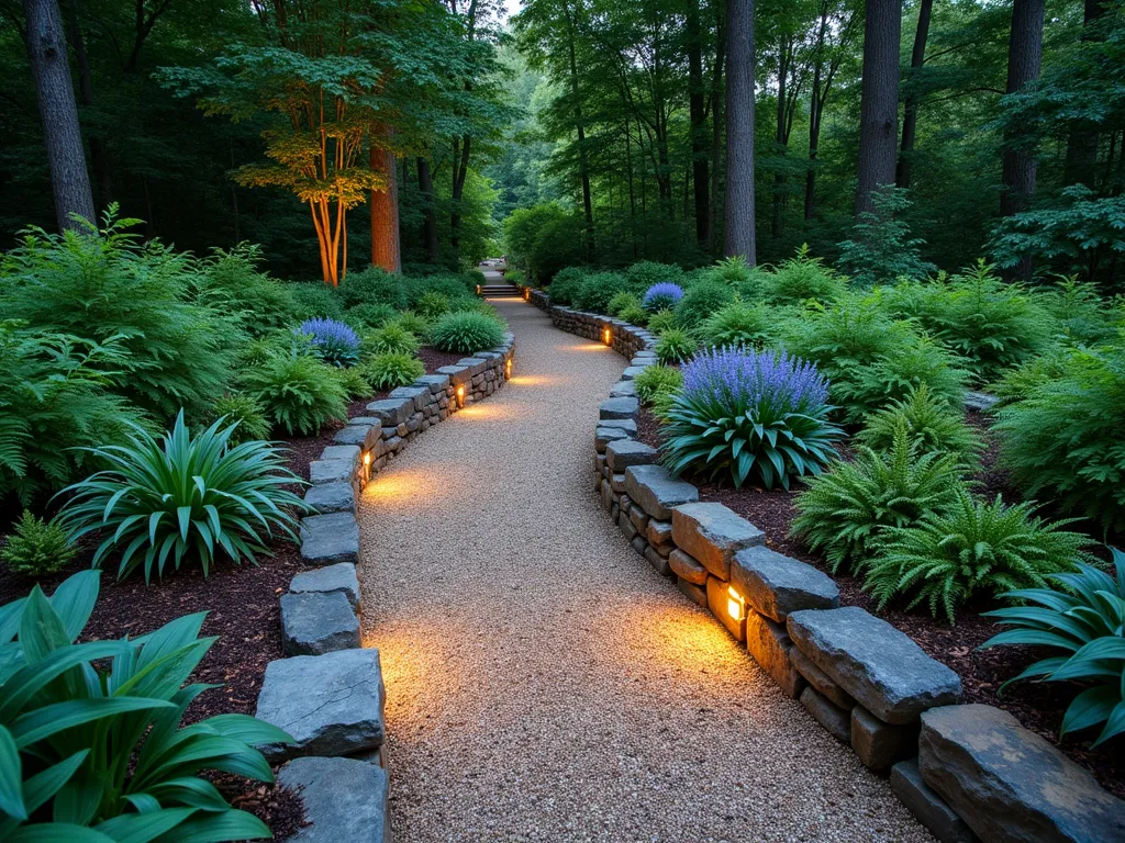 Natural Woodland Garden Ramp at Dusk - A gently sloping garden ramp crafted from natural crushed gravel, bordered by rough-cut local stone edges, winding through a lush woodland garden setting at dusk. The path is illuminated by soft, warm landscape lighting that creates ethereal shadows. Native ferns cascade over the stone edges, while clusters of blue-green hostas and purple wildflowers create a layered, organic border. The ramp seamlessly integrates into the surrounding landscape, with dappled light filtering through overhead tree canopy. Captured in a wide-angle perspective that shows the natural grade transition and the harmonious blend of hardscape and native plantings. Moss-covered stones and scattered pine needles add texture and authenticity to this serene woodland scene.