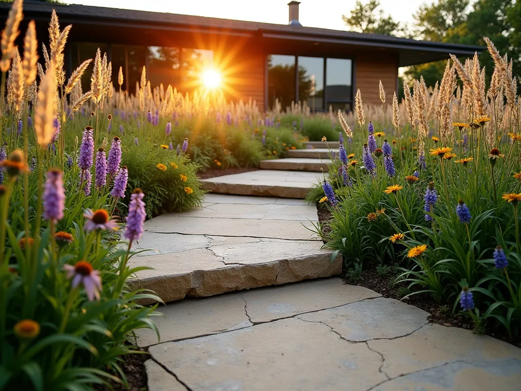 Prairie Style Garden Ramp with Native Wildflowers - A gently sloping garden ramp at golden hour, featuring weathered limestone steps and wide landings naturally integrated into a prairie landscape. The ramp curves gracefully through tall swaying feather reed grasses and purple coneflowers. Native black-eyed susans and blazing stars provide bursts of color along the edges. The textured concrete surface mimics natural sandstone with warm earth tones. Shot from a low angle to emphasize the naturalistic flow, with the setting sun casting long shadows through the ornamental grasses. Modern prairie-style home visible in the background with large windows reflecting the evening light.