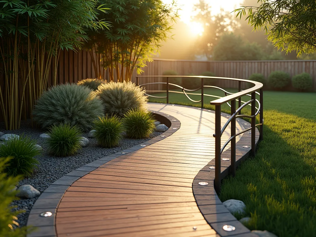 Modern Eco-Friendly Garden Ramp at Dawn - A serene early morning scene featuring a gently sloping garden ramp crafted from recycled plastic lumber in a warm cedar tone. The ramp gracefully winds through a lush garden, with contemporary brushed metal railings made from recycled materials. Morning dew glistens on the anti-slip surface, while strategic LED lighting embedded in the ramp edges creates a subtle glow. The wide-angle perspective showcases the ramp's seamless integration with surrounding native grasses and sustainable landscaping. Soft dawn light filters through nearby bamboo stands, casting intricate shadows on the ramp's surface. The design emphasizes clean lines and minimalist aesthetics, while small water-wise gardens featuring ornamental grasses and succulents line both sides of the ramp, photorealistic style, professional landscaping photography, architectural detail