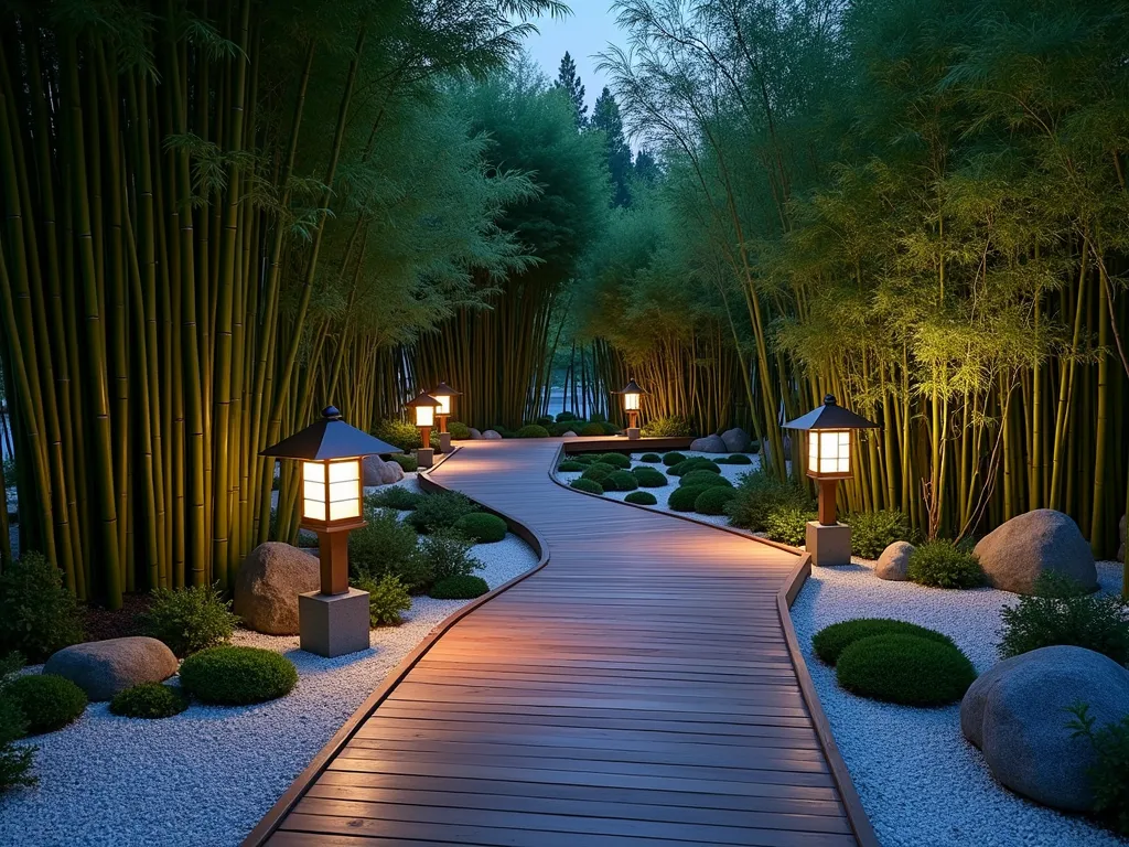 Serene Bamboo Garden Ramp at Dusk - A stunning Japanese-inspired garden ramp at dusk, photographed at a wide angle. The gently sloping wooden walkway, made of rich cedar planks, winds gracefully through towering stands of emerald bamboo. Traditional stone lanterns cast a warm, ethereal glow along the path, creating mysterious shadows. Fine white gravel borders line both sides of the ramp, dotted with small ornamental rocks and moss patches. The scene is captured during the magical blue hour, with soft ambient lighting highlighting the natural textures and creating a peaceful, meditative atmosphere. Gentle uplighting illuminates the bamboo stalks, creating dramatic silhouettes against the darkening sky.