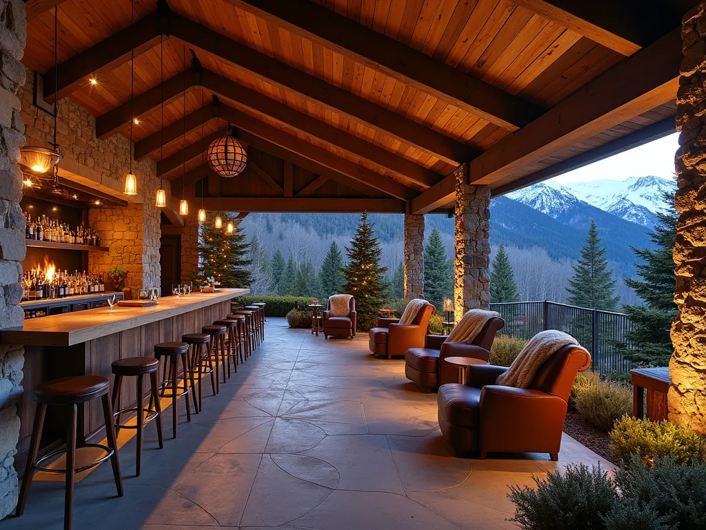 Twilight Alpine Lodge Garden Bar - A luxurious garden room bar styled as an alpine lodge, photographed at twilight with warm golden lighting spilling through large windows. The structure features dramatic exposed wooden beams, natural stone walls, and a grand central stone fireplace with a crackling fire. The outdoor space includes a covered deck area with plush leather armchairs and fur throws, surrounded by illuminated evergreen trees and alpine plants. A well-stocked wooden bar counter with copper accents sits against one wall, while pendant lighting casts a cozy glow across the rustic wooden ceiling. Snow-capped mountains visible in the background. Shot with a wide-angle lens to capture the entire atmospheric scene, emphasizing the connection between indoor comfort and outdoor wilderness.