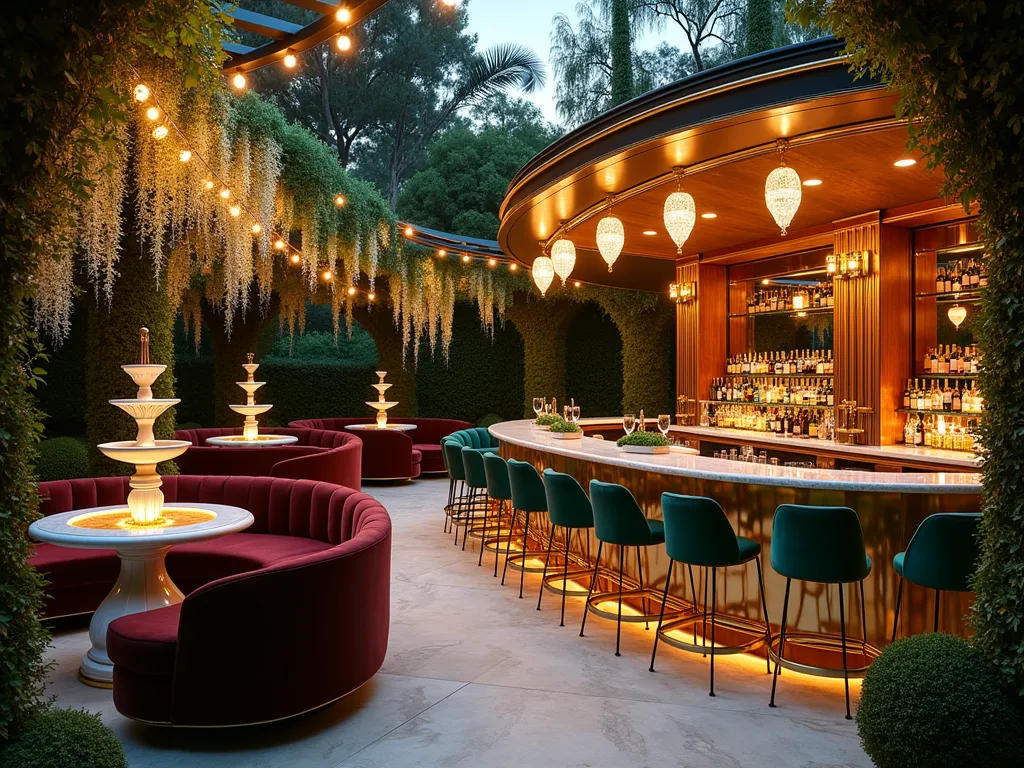 Art Deco Garden Bar at Dusk - A luxurious outdoor garden bar at dusk, photographed with a 16-35mm lens at f/2.8, ISO 400. The elegant space features curved art deco architecture with gold trim and mirrored surfaces reflecting the warm ambient lighting. A grand marble-topped bar dominates the space, backed by illuminated shelving showcasing vintage champagne bottles. Plush emerald velvet bar stools line the counter, while intimate seating areas feature curved velvet sofas in deep burgundy. Crystal pendant lights cast a warm glow, creating dramatic shadows through trailing jasmine and wisteria that frame the structure. The bar's mirrored panels reflect the surrounding garden's lush greenery and subtle landscape lighting. Geometric gold patterns accent the walls, while brass fixtures and hardware add to the vintage Hollywood glamour. A tiered champagne fountain serves as a stunning centerpiece, with soft uplighting creating an ethereal atmosphere.