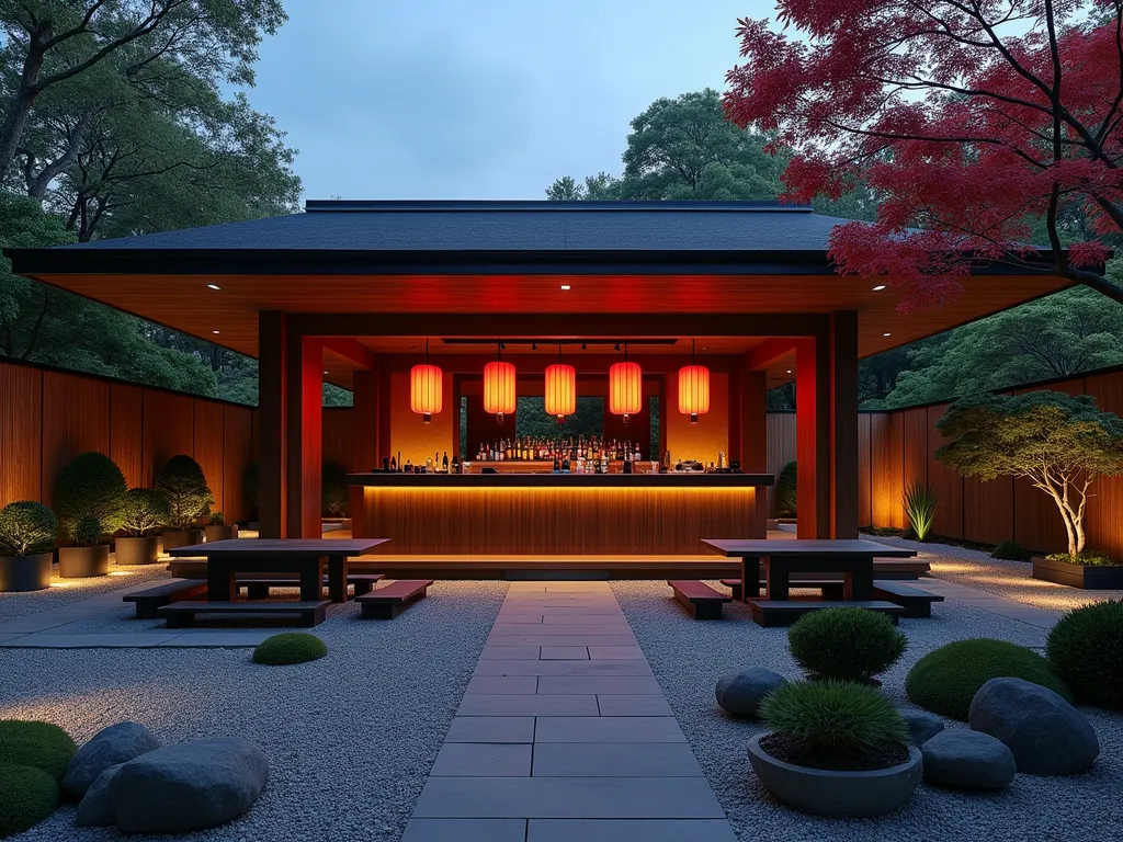 Serene Asian Garden Bar at Dusk - A stunning wide-angle DSLR photo of a modern Asian-fusion garden bar pavilion at dusk, captured with perfect depth of field. The outdoor space features a sleek dark wood bar structure with a dramatic overhanging roof inspired by Japanese architecture. Red paper lanterns cast a warm glow across the scene, while strategically placed bamboo screens create intimate zones. A meticulously maintained zen garden with raked gravel patterns flows around the space. The bar area includes traditional floor cushions around low tables, complemented by minimalist bar stools. A dedicated sake tasting station with illuminated shelving showcases artisanal bottles. Stone pathways wind through carefully placed bonsai trees and Japanese maples. Soft landscape lighting highlights architectural elements while creating mysterious shadows. The composition captures the perfect balance between modern luxury and traditional Asian design elements.